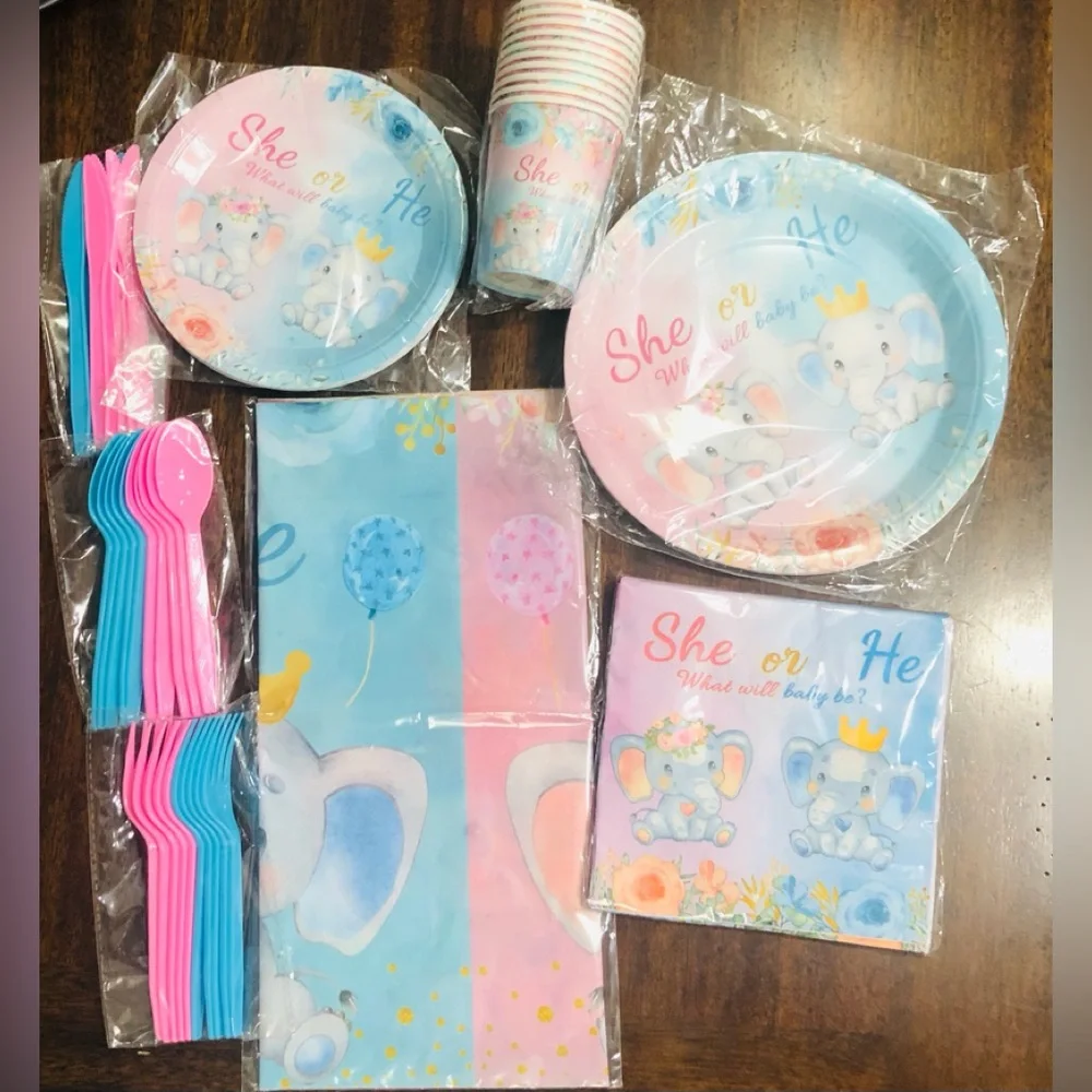 Elephant gender reveal she or he what will be tablewares set pink blue.71 pcs
